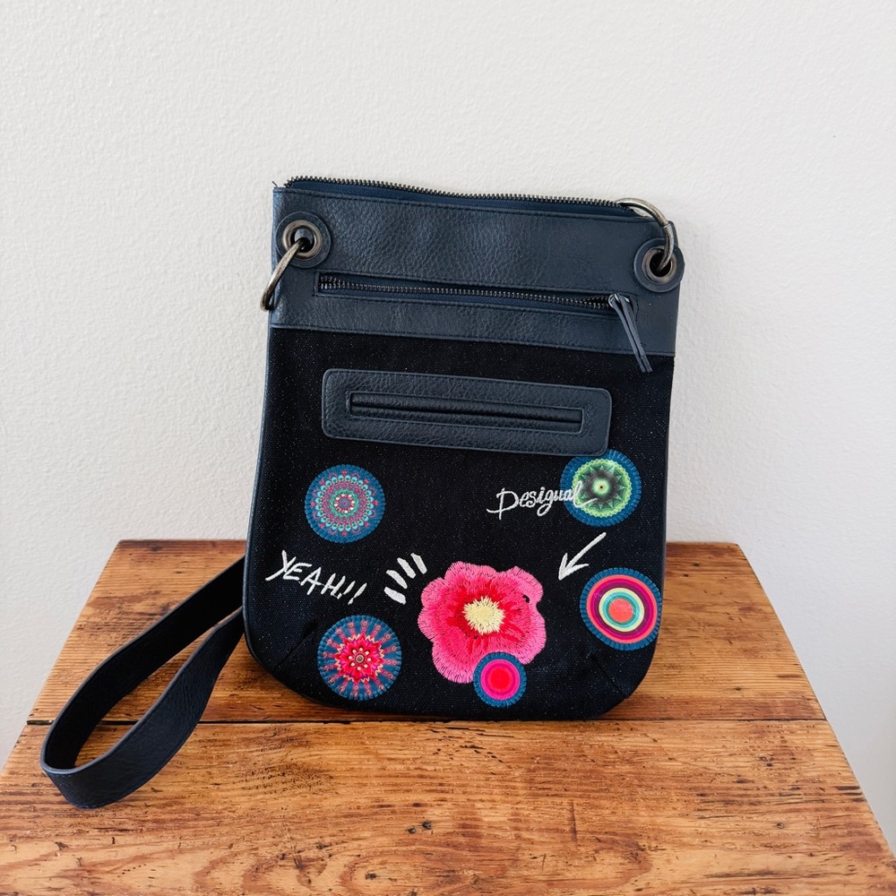 Desigual Bandelora Yeah! Black Floral Embroidered Crossbody Purse Bag